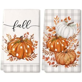 2 piezas de toallas de cocina de otoño Juego de 2 toallas naranja calabaza gris a cuadros Toalla de secado Paño de cocina Decoración rústica para el