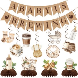 FodeMoraka A Baby is Brewing - 14 Pcs Coffee Themed Baby Shower Decorations Gender Reveal Party Supplies for Boys Girls Pre-strung Banner Garland Hanging Swirls Honeycomb Centerpieces Table Decor Set