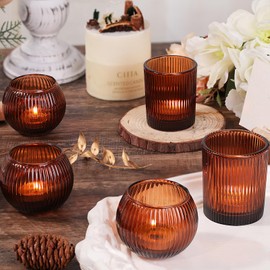 30pcs Assorted Ribbed Amber Votive Candle Holders, Amber Tea Lights Candle Holder for Wedding Decorations, Clear Candle Holders Glass for Baby Shower, Vintage Boho Party Home Table Centerpieces Decor