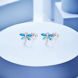 Kaguyo silver Earrings for women, 925 sterling Silver blue/white opal shine cute dragonfly stud earrings for women girls, birthday gift (blue)