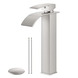 Airuida Tall Vessel Sink Faucet Brushed Nickel, Waterfall Spout Bathroom Faucet, Single Handle One Hole Mixer Tap Vessel Faucet, Lavatory Vanity with Pop-up Drain