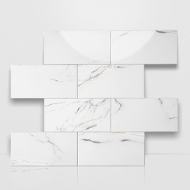 OYASIMI 10 Sheet Glossy Calacatta Gold Peel and Stick Backsplash, 12’’Luxury Ceramic Look Self Stick Subway Tiles, Waterproof Peel and Stick Wall Tiles for Kitchen and Bathrrom