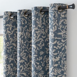 jinchan 80% Blackout Curtains for Bedroom, Farmhouse Drapes with Scroll Floral Patterned for Living Room, Grommet Top Thermal Insulated Curtains, Vintage Country Drapes 63 inch Length 2 Panels Blue