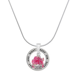 Delight Jewelry Hot Pink Hibiscus Flowers Spinner - Silvertone Keep Him Safe Both Day and Night Message Ring Necklace, 18"