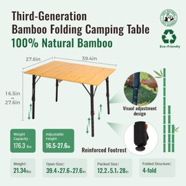 KingCamp Bamboo Folding Table 4-Fold Portable Camping Table with Visual Adjustable Height Aluminum Legs,Outdoor Lightweight Camp Tables with Carry Bag for Picnic, Party, Beach, Indoor, 4-6 People