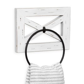 Ilyapa Rustic Hand Towel Ring for Bathroom- Wall Mounted Bathroom Hand Towel Holder - White Wood & Black Metal Ring, Farmhouse Decor