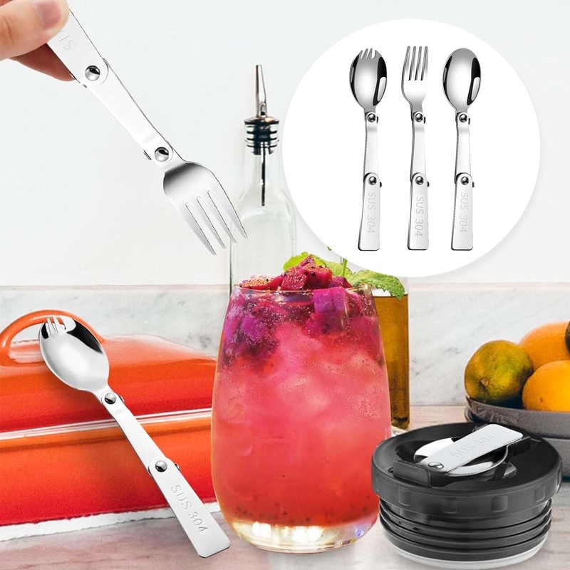 HARY 3pcs Folding Spoon and Fork for Thermos Food,Multi-Functional Stainless