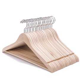 Nature Smile 20 Pack Unfinished Natural Solid Wooden Clothes Hangers Wood Suit Coat Jacket Hanger with Extra Smoothly Cut Notches and Bar - 360°Stronger Rotatable Hook
