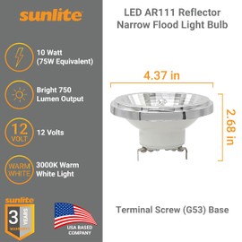 Sunlite 81009 AR111 Reflector Spot Light Bulb, COB, 24 Degree Beam Angle, 10 Watts, (75 Watt Equivalent), 750 Lumens, G53 Screw Terminal Base, 12 Volts, Non-Dimmable, 3000K Warm White, 1 Count
