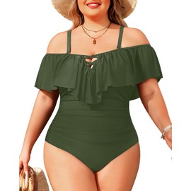 Daci Women Green Plus Size One Piece Swimsuits Tummy Control Ruffle Off Shoulder Bathing Suits XL