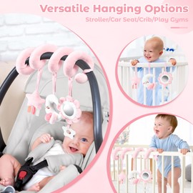 Yierchoo Spiral Car Seat & Stroller Activity Toy, Crib Hanging Rattles Toys for Ages 0-12 Months, Mirror, Textured Ribbons, Squeaky Carseat Stroller Toys, Newborn Baby Girl Gifts