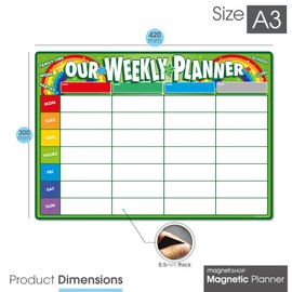 The Magnet Shop Weekly Family Planner A3 / A4 - Magnetic Dry Wipe Whiteboard for Organising Your Chores, Meals, Home, School. Use as a Fridge Magnet with 4 Multi-Coloured Pens and Eraser (Green, A3)