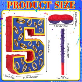 16 Inch Number 5 Blue and Golden Rings Pinata for Birthday Party Decorations, Blue Golden 5th Birthday Party Favor Supplies Fiesta Anniversary Celebration Birthday Pinata with Stick Blindfold Confetti