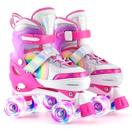 SULIFEEL Rainbow Unicorn 4 Size Adjustable Light up Roller Skates for Girls Boys for Kids Beginners Rollerskates Pink Small