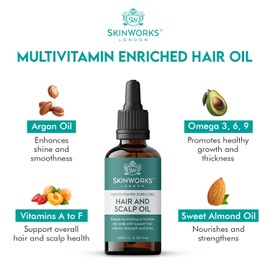 SkinWorks Multivitamin Enriched Hair Oil, 100ml treatment to hydrate dry scalp and support hair growth, thickness, strength and shine. With Argan & Almond oils, 100% Natural. Wash out or leave in.