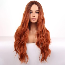 WTHCOS Long Ombre Orange Wigs for Women Girls Long Curly Wavy Auburn Wig Middle Part Wig Heat Resistant Synthetic Wigs for Cosplay Costume Party