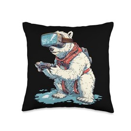 Gaming Animals- Polar Bear Playing Console Video Games Throw Pillow
