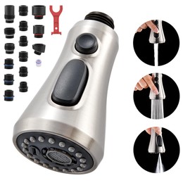 HEISOK Kitchen Faucet Head Replacement, 3-Function Pull Down Faucet Spray Head with 15 Adapters - Replacement Pull-Out Sink Spout Sprayer Nozzle, Brushed Nickel
