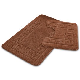VELVETIO Bath Mat Set 2 Piece Machine Washable for Bathroom, Jacquard Greek Non Slip Quick Dry Shower Rugs & Bathtub Mats, Highly Water Absorbent 100% Polypropylene Toilet Rug Sets, Terracotta