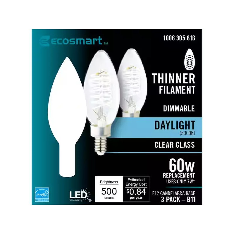 Eco-Smart Ecosmart 60-Watt Equivalent Dimmable E12 Candelabra 3 Pack B11