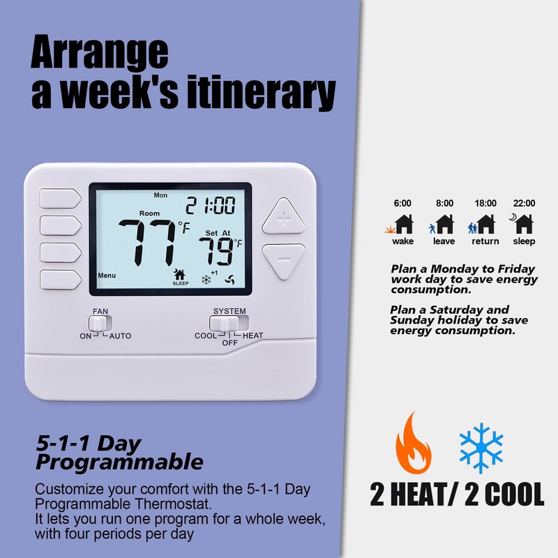 Heagstat 5-1-1 Day Programmable Thermostat for Home Conventional Single or