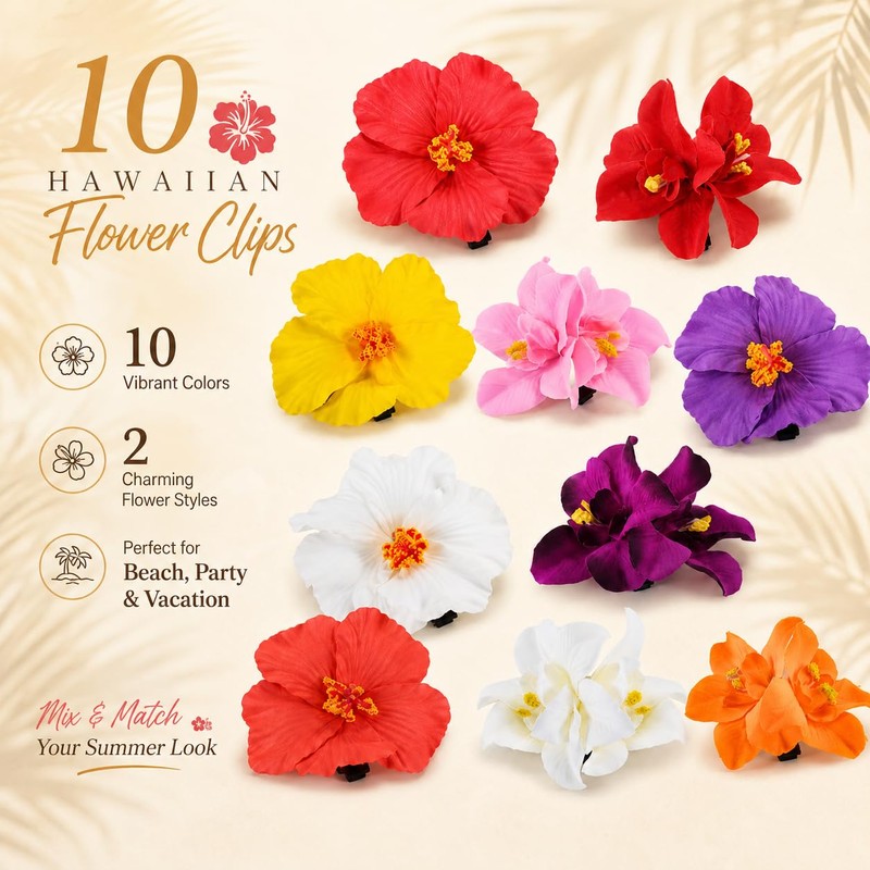 10 Pcs Hawaiian Flower Hair Clips for Women, Artificial Hibiscus