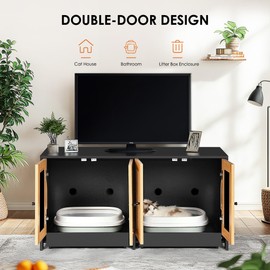 Double Litter Box Enclosure,Cat Litter Box Enclosure for 2 Cats, Hidden Litter Box Furniture with Rattan Doors, 47" L x 19.8" W x 21.8" H,Black