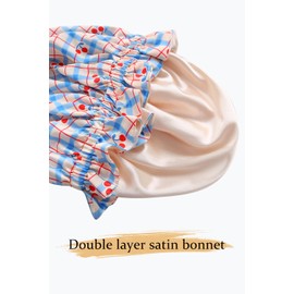 Vettres Floral Satin Bonnet with Scrunchie Set,Double Layer Ruffle Reusable Sleeping Shower Cap for Curly Hair Blue-cherry