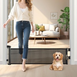 Retractable Short Dog Gate - Small Puppy Mesh Safety Pet to Step Over Gates Doggy Door for Doorways Stairs Kitchen Hallways Indoor, 14" Tall, Extends up to 59" Wide, Black