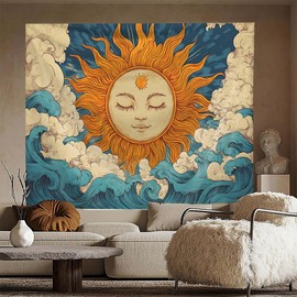 FENDROM Hippie Burning Sun Tapestry Wall Hanging for Bedroom Aesthetic,Vintage India Boho Sunflowers Clounds Constellation Tapestries for Bedroom Living Room Dorm