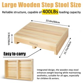 Wooden one Step Stool- Solid Pine Wood Step Riser with Non-Slip Pads, Wood Step Stool for Elderly Adults, high Bed, Bathroom, Kitchen (23.6" L*15.7" W*3.9" H, Natural, 400LBs Capacity)