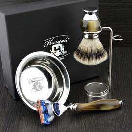 Premium 4 Piece Men's Shaving Set - Horn Replica Set Razor Head, Silver Tip Badger Shaving Brush, Stainless Steel Double Stand & Shaving Bowl - Newly Designed Set