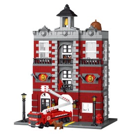 General Jim's Lighted 4 Story Fire Station – 1,823 Piece Modular Building Set with Interior Rooms, Rooftop Tower, Fire Engine with Ladder, and Vintage Red Brick Design