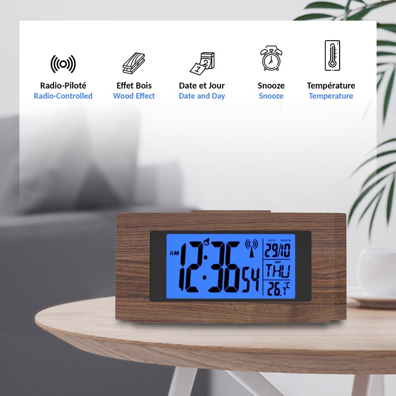 FISHTEC Funkwecker in Holzoptik, mit Display mit Hintergrundbeleuchtung