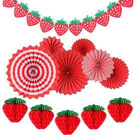 12 Pcs Strawberry Birthday Party Decorations Supplies Include 5 Strawberry Honeycomb Balls 1 Strawberry Garland 6 Paper Fans Decor Strawberry Shortcake Themed Decorations for Birthday Party(Red)