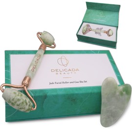 Jade Roller and Gua Sha Set, Face and Body Massage, Elegant Beauty Tools to Enhance Skin Care, Reduce Puffiness, with Storage Pouch and Presentation Box, Pamper Gifts for Women
