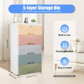 YIPONYT Plastic Drawers Storage Cart Mobile Cabinet with Casters, 5 Drawers Storage Dresser with Lock, Large Containers Organizer Unit