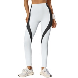 Fisoew Womens High Waisted Leggings Tummy Control Yoga Pants Workout Stretchy Color Block No See Through Leggings White