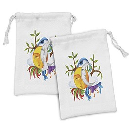 Lunarable Sun and Moon Fabric Pouch Set of 2, Nature Flowers Tree Branches Sun Moon and Clouds in Spring Garden, Small Drawstring Bag for Toiletries Masks and Favors, 9" x 6", Multicolor