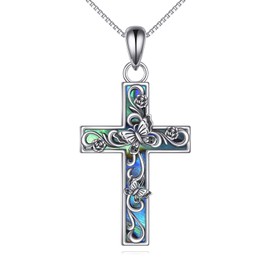 YAFEINI Cross Necklace Sterling Silver Butterfly Sunflower Cross Pendant Necklace Abalone Shell Religious Jewelry Gifts for Women Men