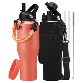 Insulated Water Bottle 40 oz with Straw - Stainless Steel Tumbler w/Paracord Handle, Straw Lid, Pop-up Lid & Waterbottle Sling, Iced Coffee Cup Travel Mugs Insulated for Hot 24h and Cold 48h