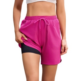 difficort Women's Swim Trunks 7 in Inseam Quick Dry Solid Summer Beach Shorts Swim Bottoms with Lining, Rose Red, X-Large