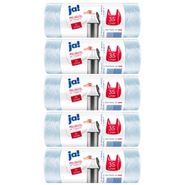 ja! 125 Trash Bags with Carry Handle, 35 Litres, 25 per Roll, Tear Resistant Bottom Seam, Transparent, 5 Rolls