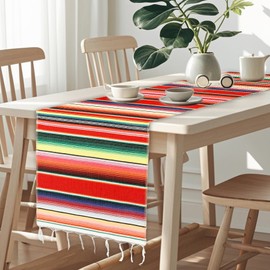 Mexican Table Runner, 14 X 84 Inches Cinco De Mayo Table Runner, Rainbow Boho Mexican Serape Table Runners, Fringe Cotton Table Runners for Mexican Fiesta Cinco De Mayo Birthday Party Decorations Red