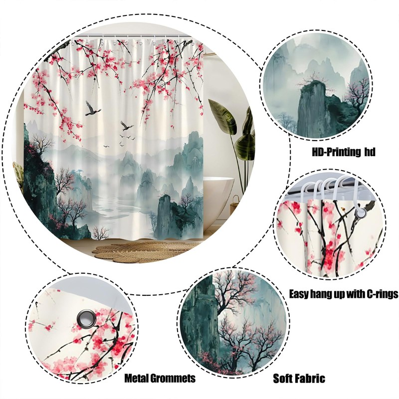 Cherry Blossom Mountain Shower Curtain,Pink Floral Misty Forest Asian Japanese