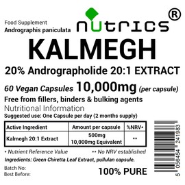Nutrics® 10,000mg (per Capsule) KALMEGH Extract 60 V Capsules - King of Bitters 20% Andrographolide - Strong One A Day - Andrographis paniculata Green Chiretta - 100% Pure - No fillers (60)