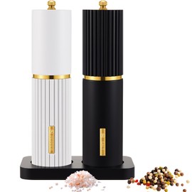 LOYIM Wooden Salt and Pepper Grinder Set 8 Inch Manual Salt and Pepper Mill with Tray Adjustable Coarseness and Refillable Wood Grinders with Gold Bottle Label for Kitchen Gift(Black,White)