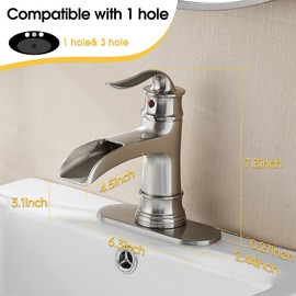 FRANSITON Waterfall Faucet Bathroom Faucet Single Handle One Hole Brushed Nickel Finish Large Spout Lavatory Faucets (Brushed Nickel)