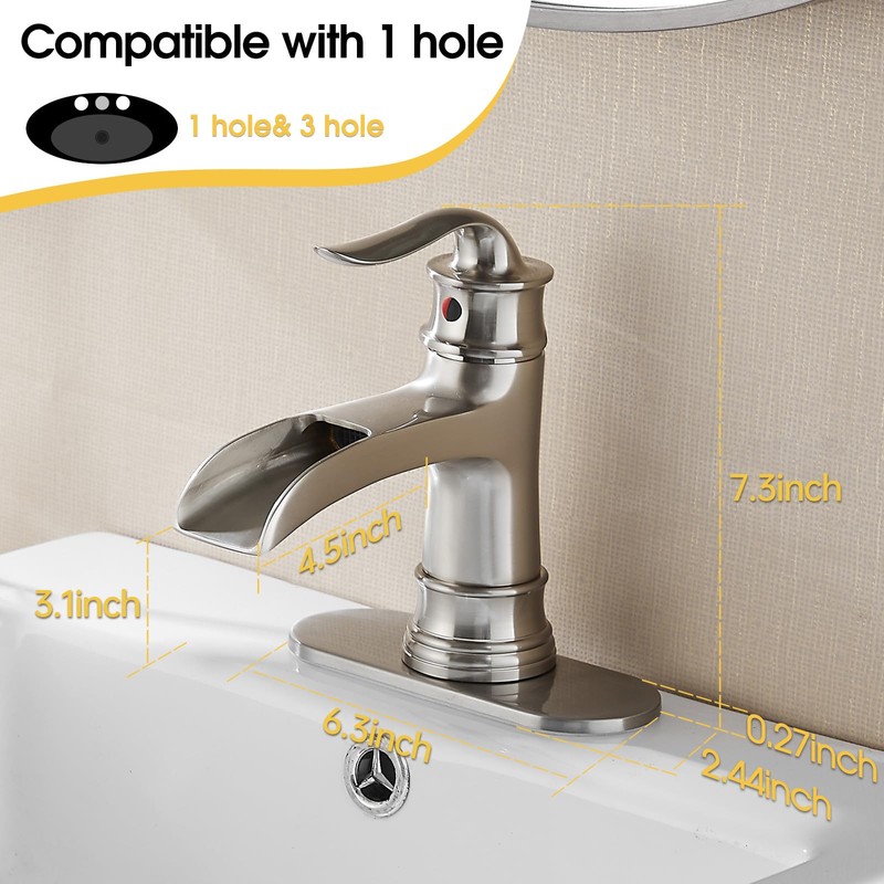 FRANSITON Waterfall Faucet Bathroom Faucet Single Handle One Hole Brushed