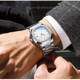 ADSBIAOYE Men's Classic Square Watch Silver Stainless Steel Watch Analog Quartz with Date Luminous Hands Waterproof Business Casual Watches for Men (Silver-White)